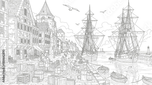 Vintage Harbor Scene with Sailing Ships and Old Buildings