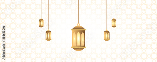 Realistic 3D design of a golden vintage Arabic lantern. Horizontal Ramadan banner, blank poster template, website header. Vector