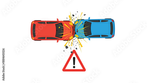 Two cars colliding head-on with an exclamation mark warning sign, representing a serious road accident and the importance of road safety.