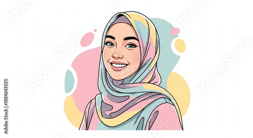 Smiling woman wearing colorful hijab and pastel background