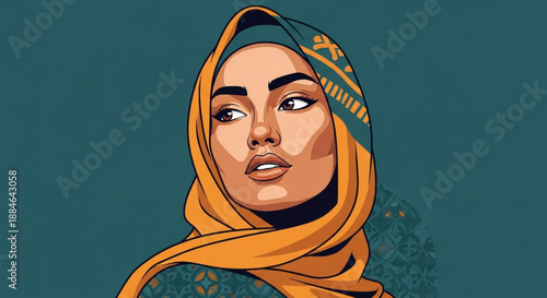 Woman wearing orange and green hijab looking up thoughtfully against dark teal background