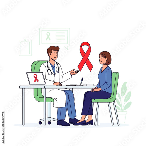 Flat design illustration of a doctor and patient discussing health in a clinical setting with a red ribbon symbol Vector
