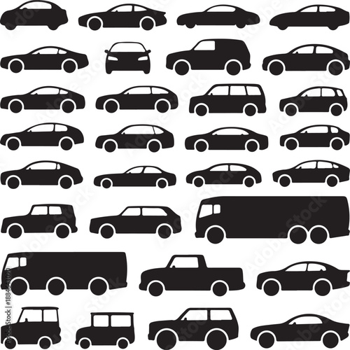 black silhouettes of various cars and trucks on white background