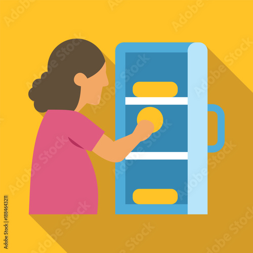 Woman getting food from a fridge in a modern flat design illustration
