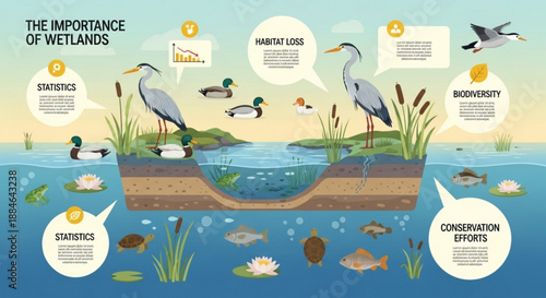 Wetlands ecosystem with diverse wildlife and conservation efforts