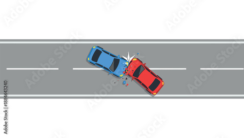 Two cars involved in a diagonal collision on a grey road, depicting a common type of road accident and potential traffic hazards.