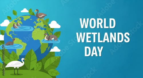 World wetlands day illustration with globe animals and plants on green earth