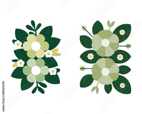Decorative green floral elements isolated on white background