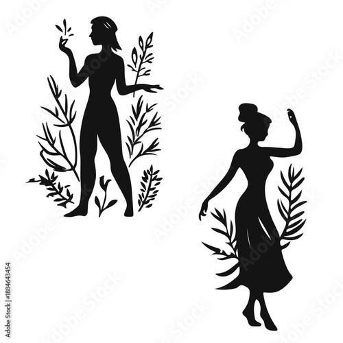 Silhouettes of graceful, slender women against a backdrop of grass and flowers. Vector black sketches on a white background