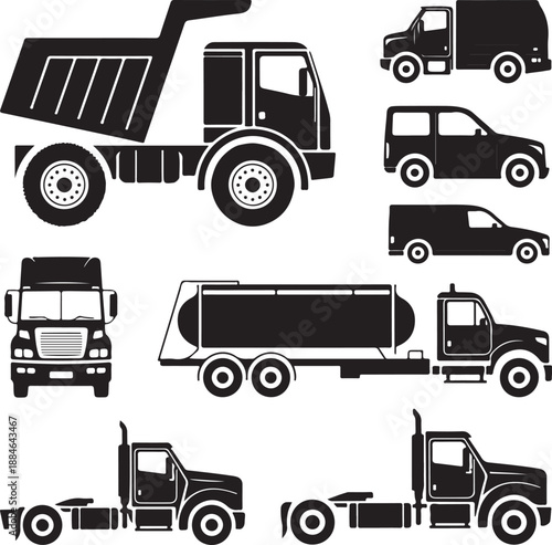 black silhouettes of various trucks and cars on white background