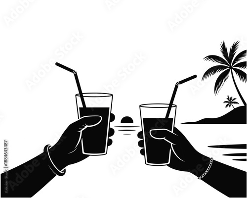 Hands holding refreshing drinks at a tropical beach sunset