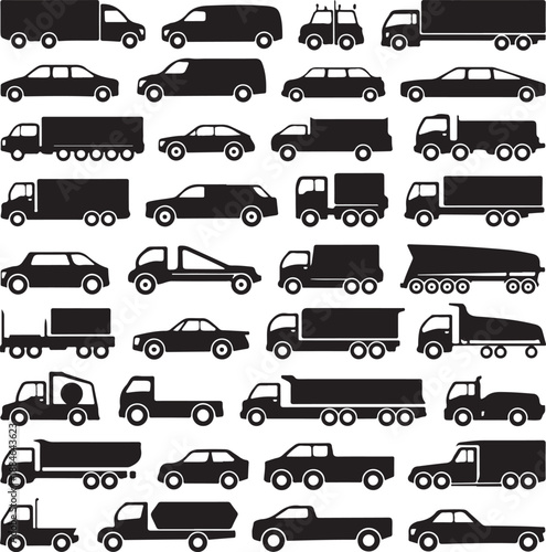 Black silhouettes of various trucks and cars on white background