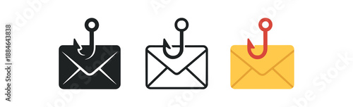 phishing alert three envelope with hook silhouette with red hook