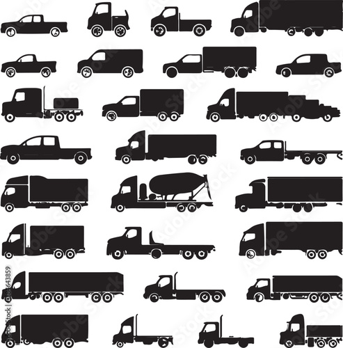 black silhouettes of various trucks and cars on white background