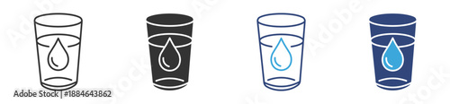 Water Glass Icon Set. Drink and Hydration Symbols. Healthy Water Collection, Vector Illustration.