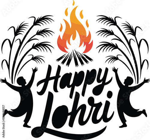 Celebrating happy lohri with a bonfire dancing figures and festive palm leaf designs