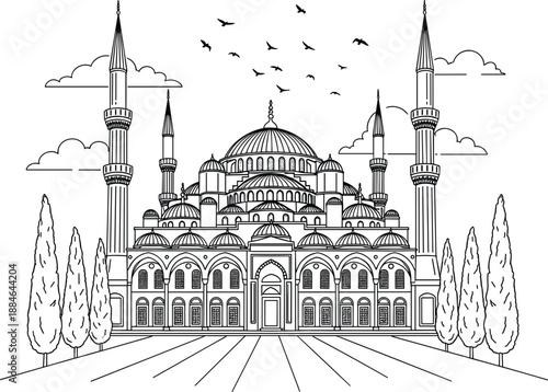 Detailed islamic mosque illustration, black and white line art architecture with domes and minarets, religious landmark vector for travel, culture, faith themes