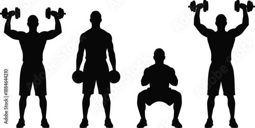 Athletic man silhouettes lifting dumbbells in gym workout poses, strength training and fitness exercise concept illustration isolated on white background