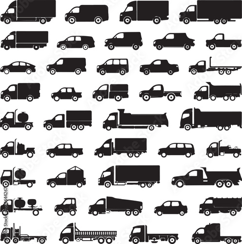 black silhouettes of various trucks and cars on white background