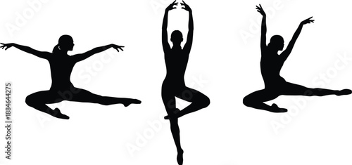 Ballet dancer silhouettes performing elegant jumps and poses, classical dance movement illustration showcasing grace balance flexibility isolated on white background