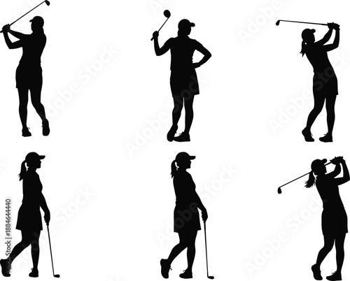 Female golfer silhouette illustration set, women playing golf poses, swing and stance actions, professional sports activity, elegant black and white vector collection