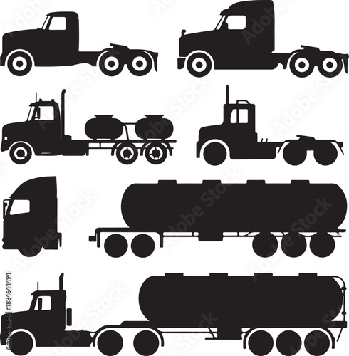 black silhouettes of various trucks and tankers on white background