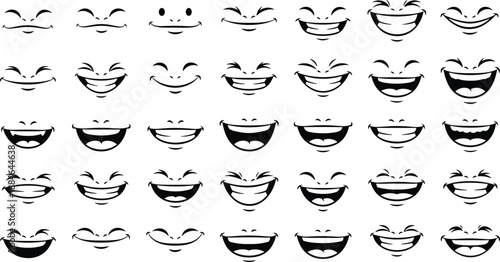 Cartoon smiling mouth expressions icon set showing happy laughing grinning emotions in black and white vector illustration style