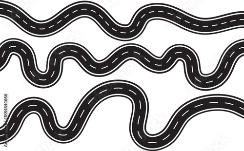 Wavy winding curves roads and horizontal paths. Long winding and curved road, Curving road illustration on isolated background in black and white
