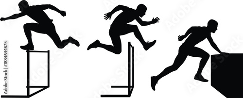 Black silhouette athlete hurdling and vaulting obstacles in motion isolated on white background dynamic sport training vector illustration concept set