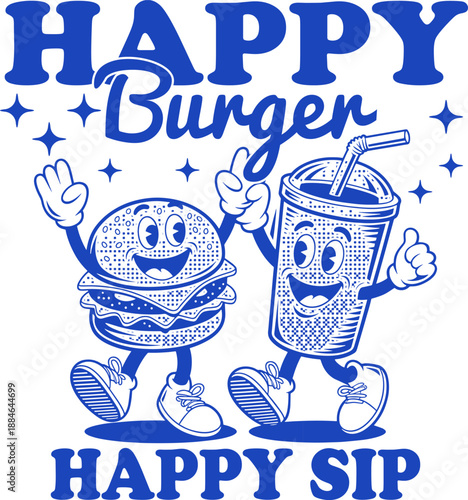 Happy character of Burger Happy Sip Cute Food Mascot Illustration Funny Fast Food Cartoon Vector for Street Wear T-shirt and Prints