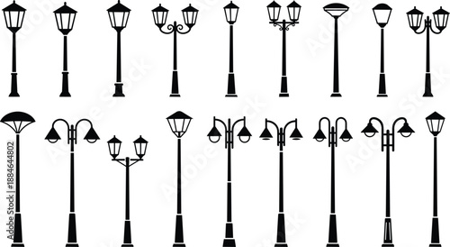 Street lamp silhouette set featuring modern and vintage park lights, urban lamppost designs, and outdoor lighting elements in black vector style