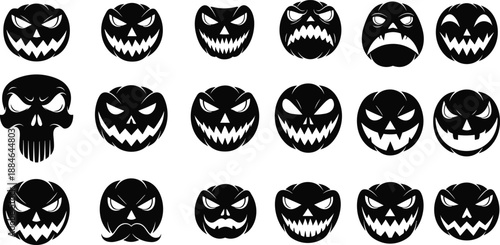 Scary Halloween pumpkin faces icon set, black jack o lantern silhouettes, spooky cartoon expressions for stickers logos decorations vector collection illustration