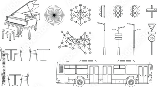 Technical line art illustration set featuring grand piano, city bus, streetlights, traffic signs, furniture, abstract geometric networks, and urban infrastructure elements