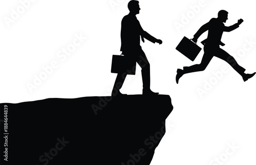 Business risk and leadership decision concept silhouette, two businessmen on cliff edge with briefcases, one jumping gap symbolizing courage, ambition, opportunity, and career success challenge