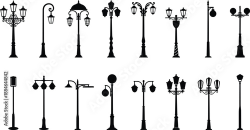 Vintage street lamp silhouettes collection featuring ornate classic lamppost designs, decorative urban lighting styles, and traditional outdoor streetlight icons