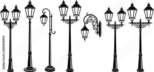 Vintage street lamp silhouettes collection featuring classic ornate lamppost designs, decorative urban lighting elements, and traditional outdoor streetlight illustrations