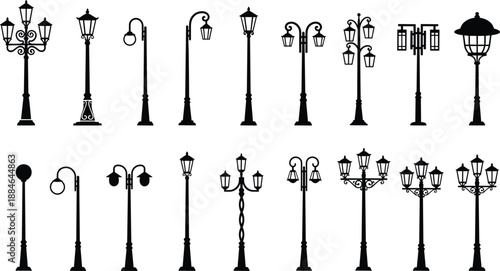 Vintage street lamp silhouettes set featuring classic ornate lamppost designs, decorative urban lighting elements, and traditional outdoor streetlight icons