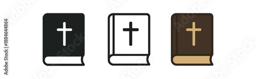 Bible book with cross icon set. Holy scripture, religion, faith, christian symbol. Outline flat and colored vector illustration.