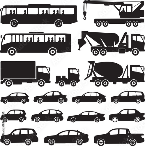 black silhouettes of various vehicles on white background