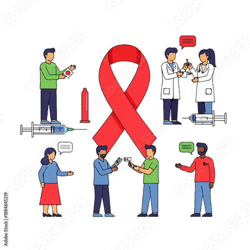 A flat design illustration vector graphic depicting people interacting around a large red AIDS awareness ribbon with a syringe and needle on a white background.