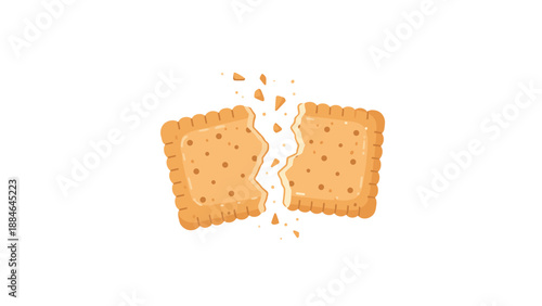 Square cracker broken cleanly in half with scattered crumbs, symbolizing a snack, breakage, or splitting something apart.