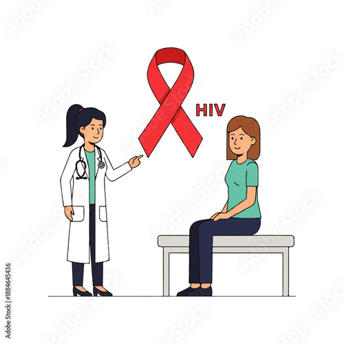Flat design illustration vector of a doctor explaining an HIV awareness red ribbon to a patient in a clinical setting.