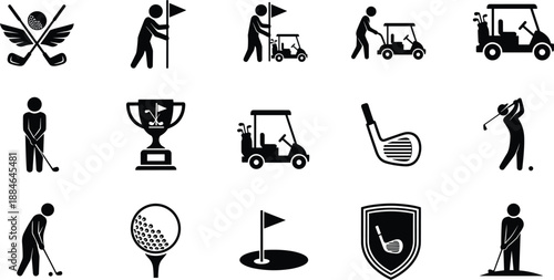 Golf icon illustration set featuring players, carts, clubs, flags, trophies, and equipment symbols, professional sport elements, minimalist black and white vector collection