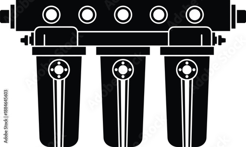 Industrial water filtration system icon, black vector illustration showing multi cartridge filter unit, clean water purification equipment concept isolated on white background