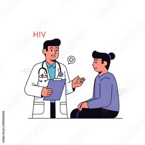 A Flat Design illustration of a doctor and patient in a Vector style conversation about HIV, with a simple and informative visual representation.
