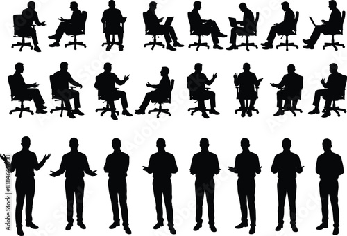 Businessman silhouette vector set, working and speaking, office chair poses, presenting standing gestures for corporate, meeting and workplace themes