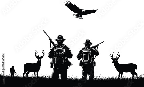 Hunting silhouette illustration with hunters, rifles, deer, and flying eagle, wilderness adventure scene, outdoor sport concept, dramatic black and white vector art