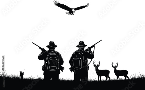 Hunting silhouette illustration with two hunters, deer and flying eagle, wildlife outdoor adventure scene, rifle hunters concept, nature landscape vector artwork