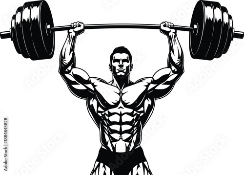Muscular bodybuilder lifting heavy barbell overhead, powerful weightlifting strength training illustration, fitness gym motivation, bodybuilding workout vector art