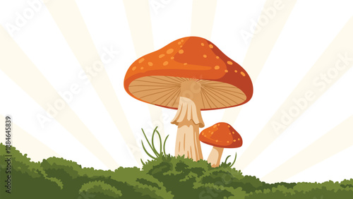Two vibrant toadstools nestled among green moss and grass, with bright sun rays in the background, depicting a magical forest scene.